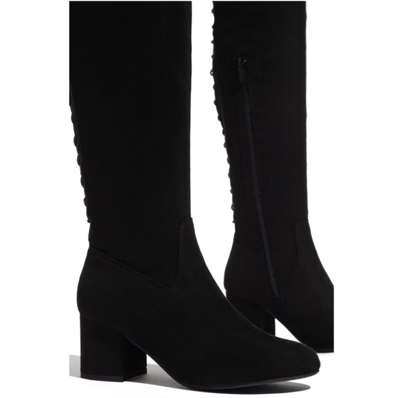 Black Over The Knee Chunky Low Heel Lace Up Boots - Picture 4 of 9